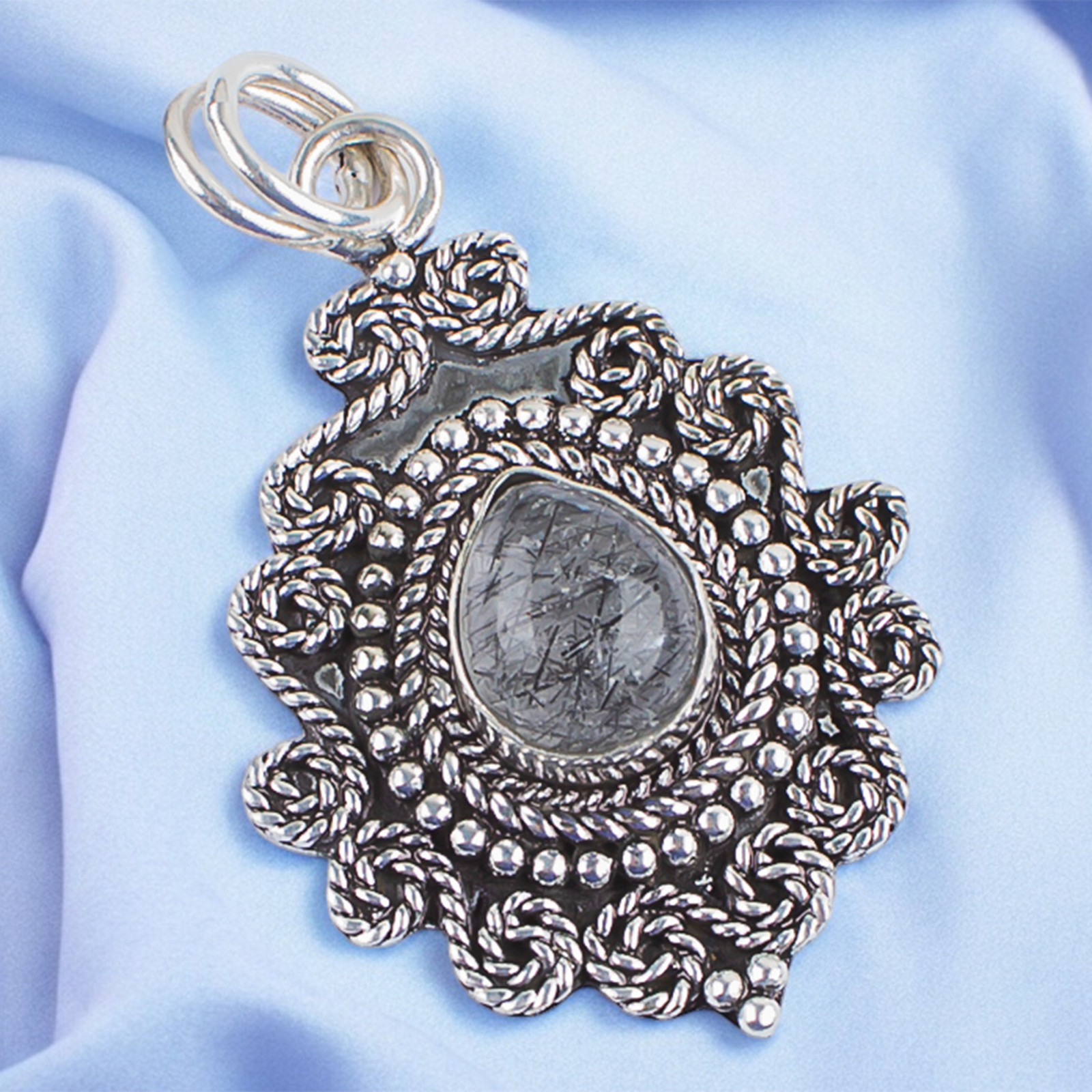 Natural Black Rutile Quartz Gemstone 925 Sterling Silver Pendant 1.55″ Trendy FC