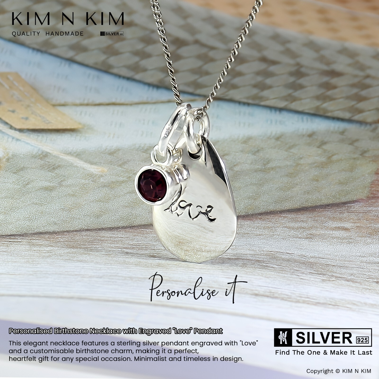 925 Sterling Silver Personalised Birthstone Necklace with Engraved “Love”Pendant