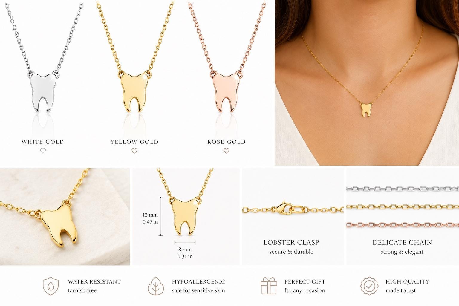 Tooth Necklace 14k Solid Yellow Gold Dainty Charm 16-18″ Gift for Her