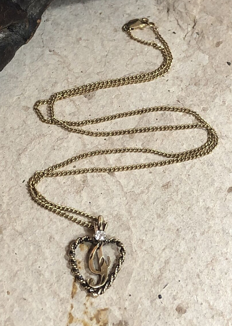 14K Yellow Gold Curb chain J Monogram Initial Diamond Heart Pendant Necklace