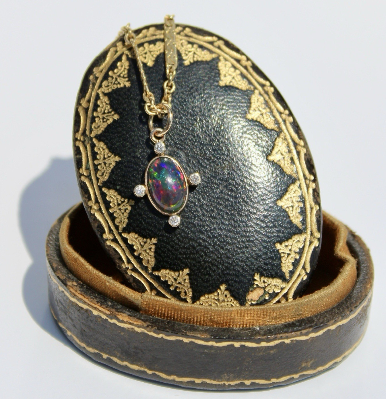 Black Opal Cabochon & Diamond Pendant, 2.12 Carats 14K Gold