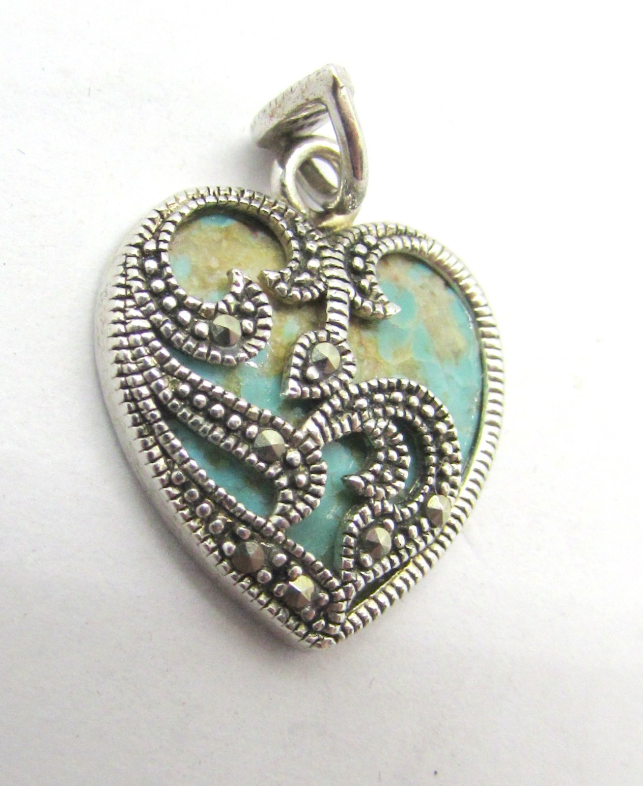 925 STERLING SILVER MARCASITE TURQUOISE HEART PENDANT OR CHARM 27X18 MM ~ 3.2G