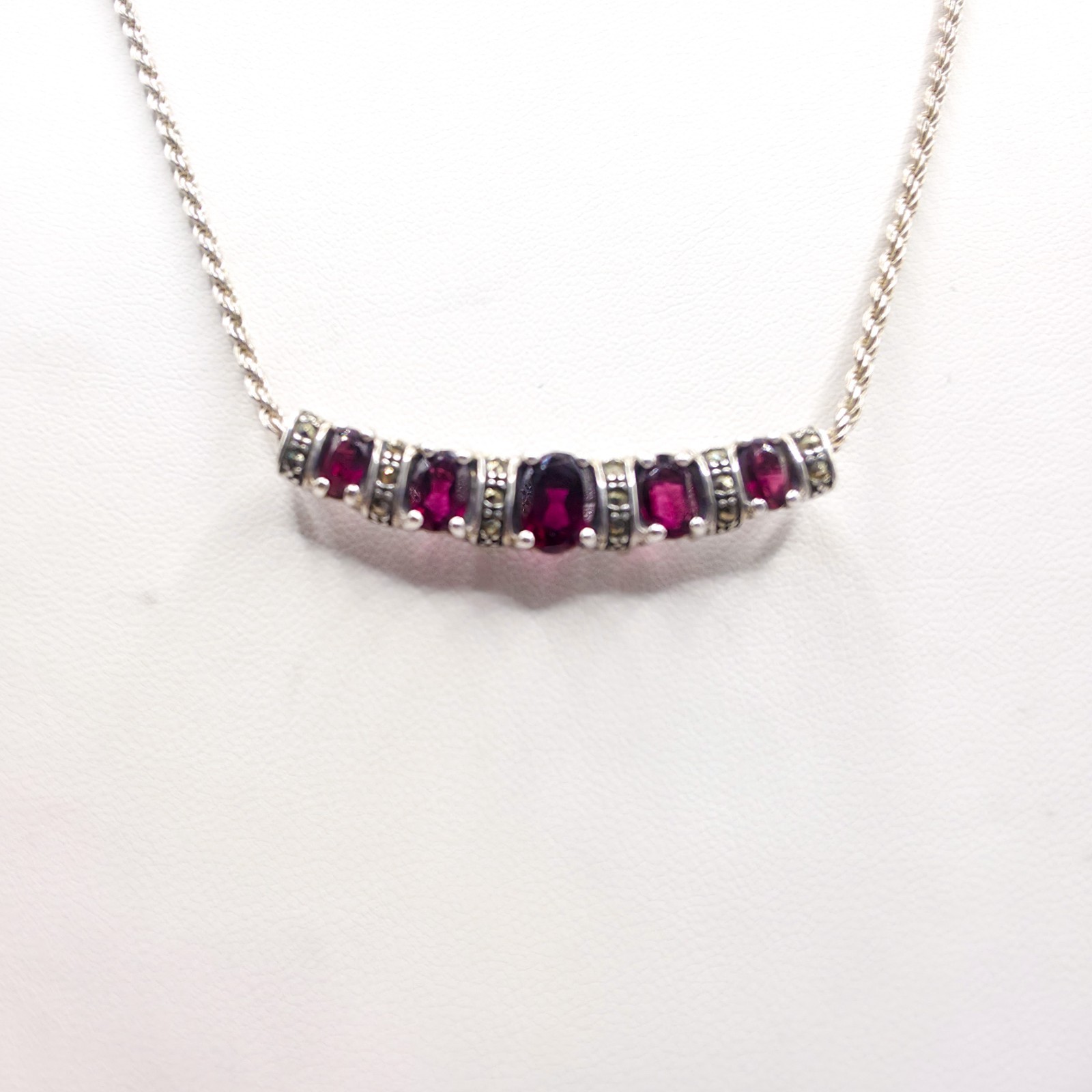Sterling Red Garnet and Marcasite Slide Pendant- 22″ Italian Box Chain Necklace