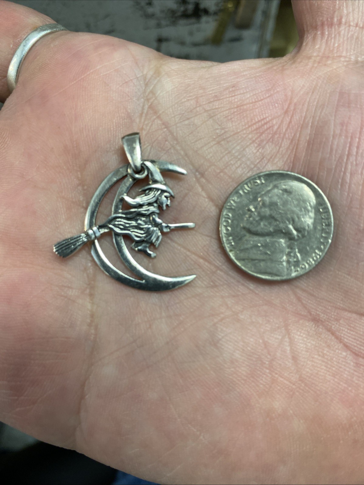 925 Sterling Silver Witch & Crescent Moon Pendant Swinging Articulated