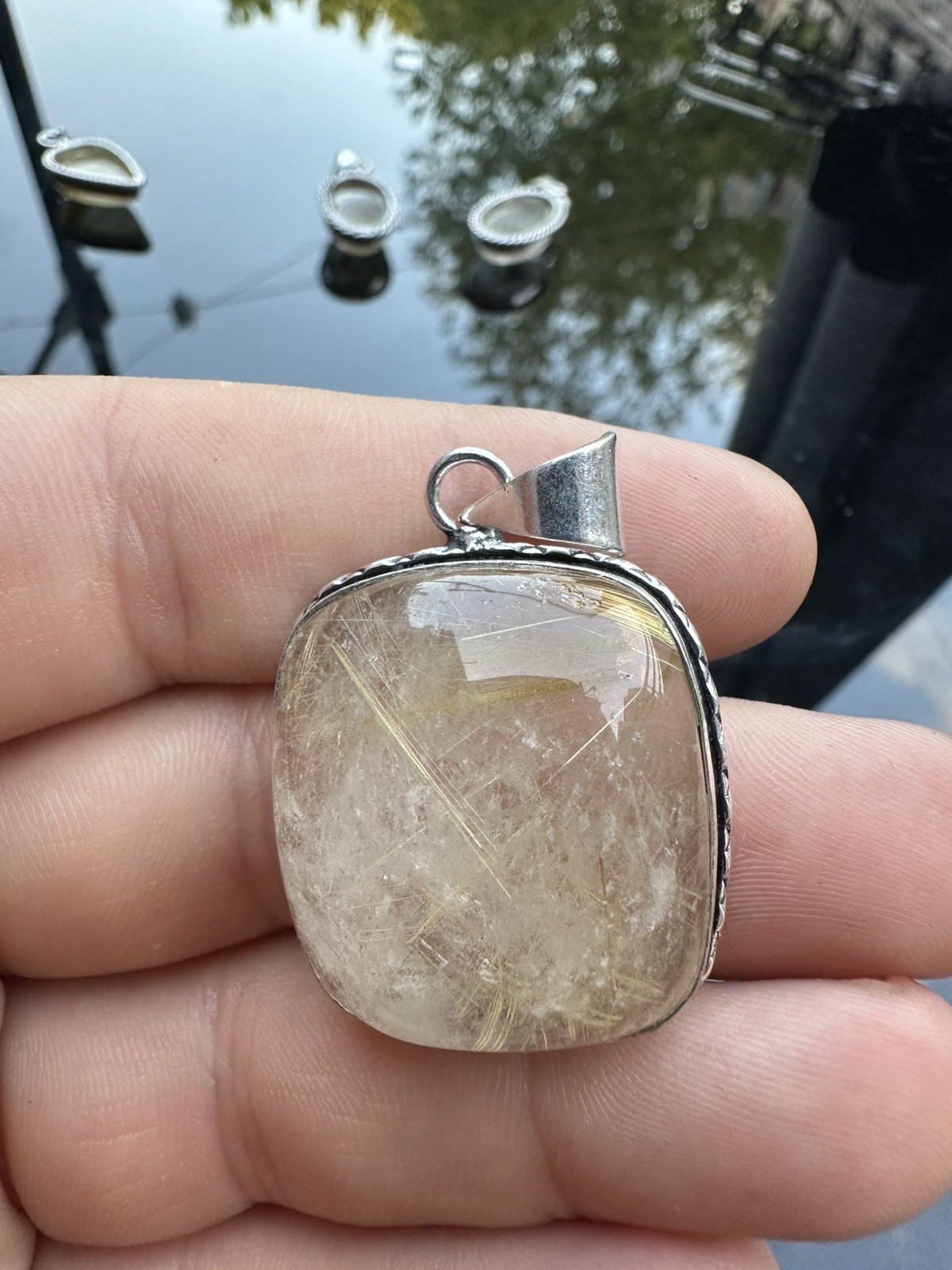 Natural Golden Gold Rutile Rutilated Quartz Pendant 925 Silver Plated G14