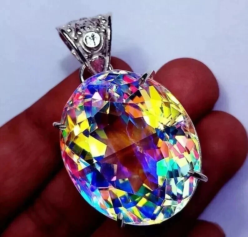 Natural Oval Mystic Topaz 90.10 Ct+ 925 Solid Silver Rainbow Pendant Gemstone
