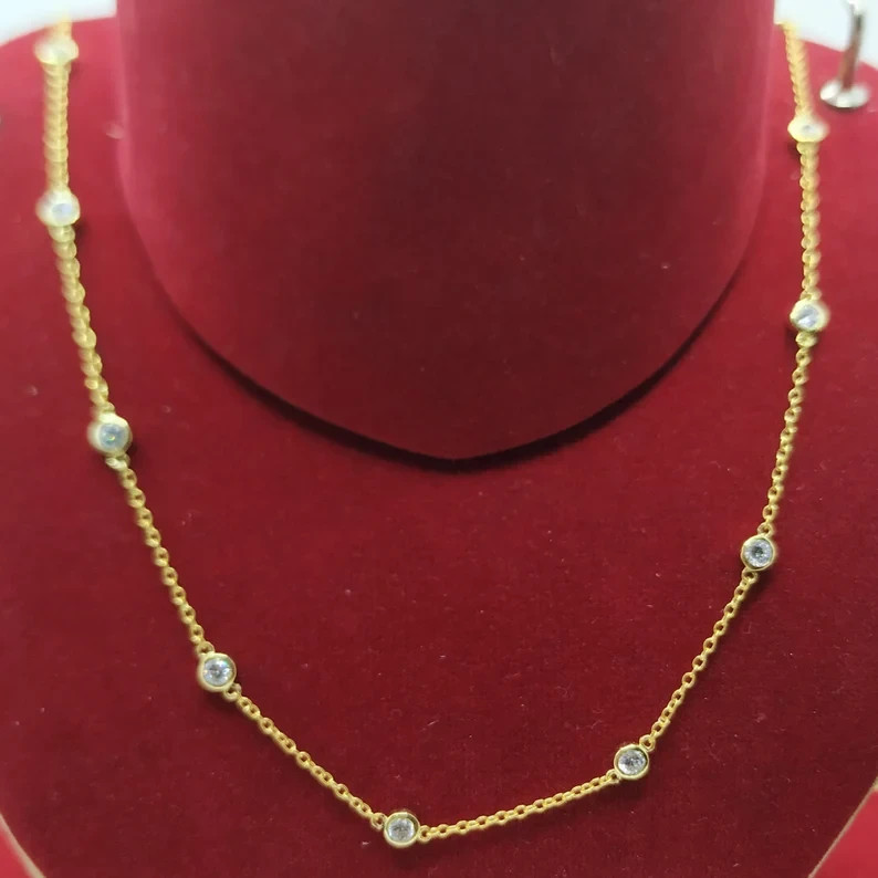 By Yard Station Necklace For Bridal Gift Round Natural Diamond 14k Yellow Gold