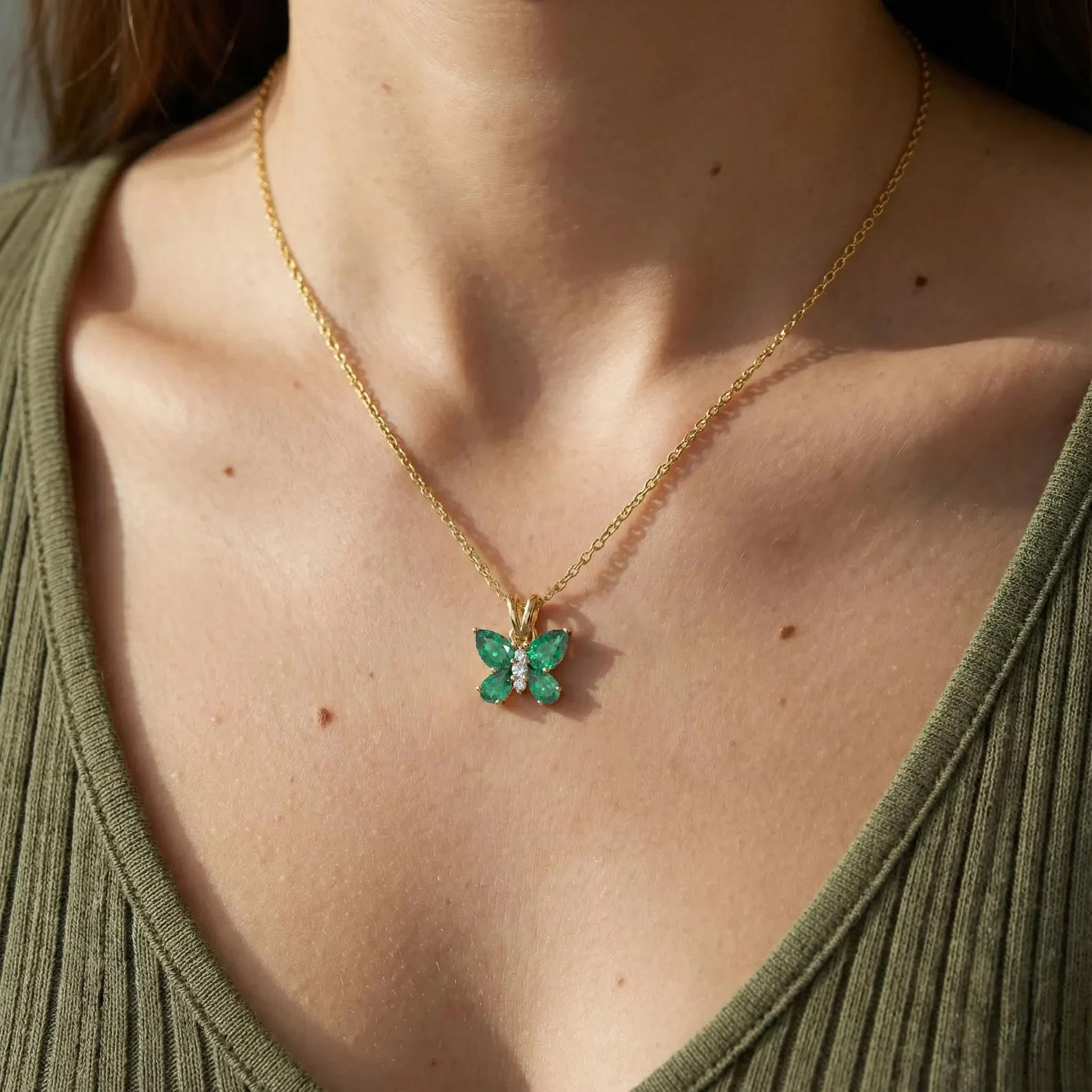Emerald Butterfly Pendant in Yellow Gold Necklace For Sister