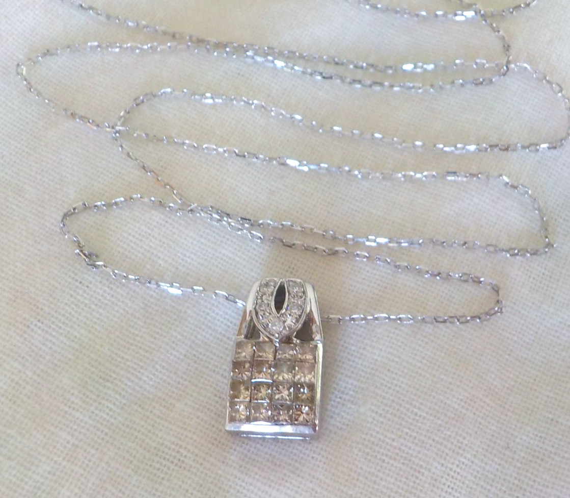 Pretty 18K White Gold Square Cluste Diamond Necklace – 2.64 gms, 17 in, 0.43 ctw