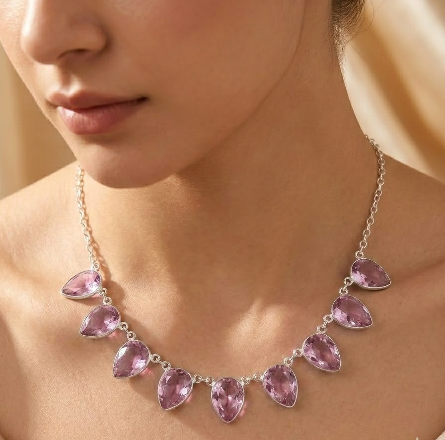 Pink Topaz Gemstone 925 Sterling Silver Jewelry Necklace Size-17-18″