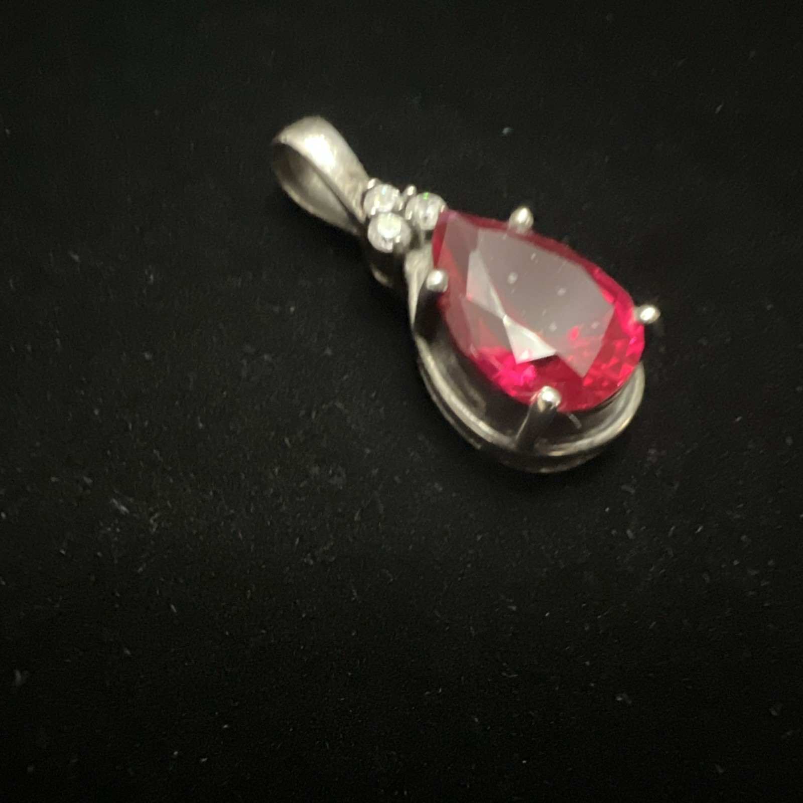 Vintage 925 Sterling Silver Pear Teardrop Ruby/Diamond Gemstone Pendant Signed
