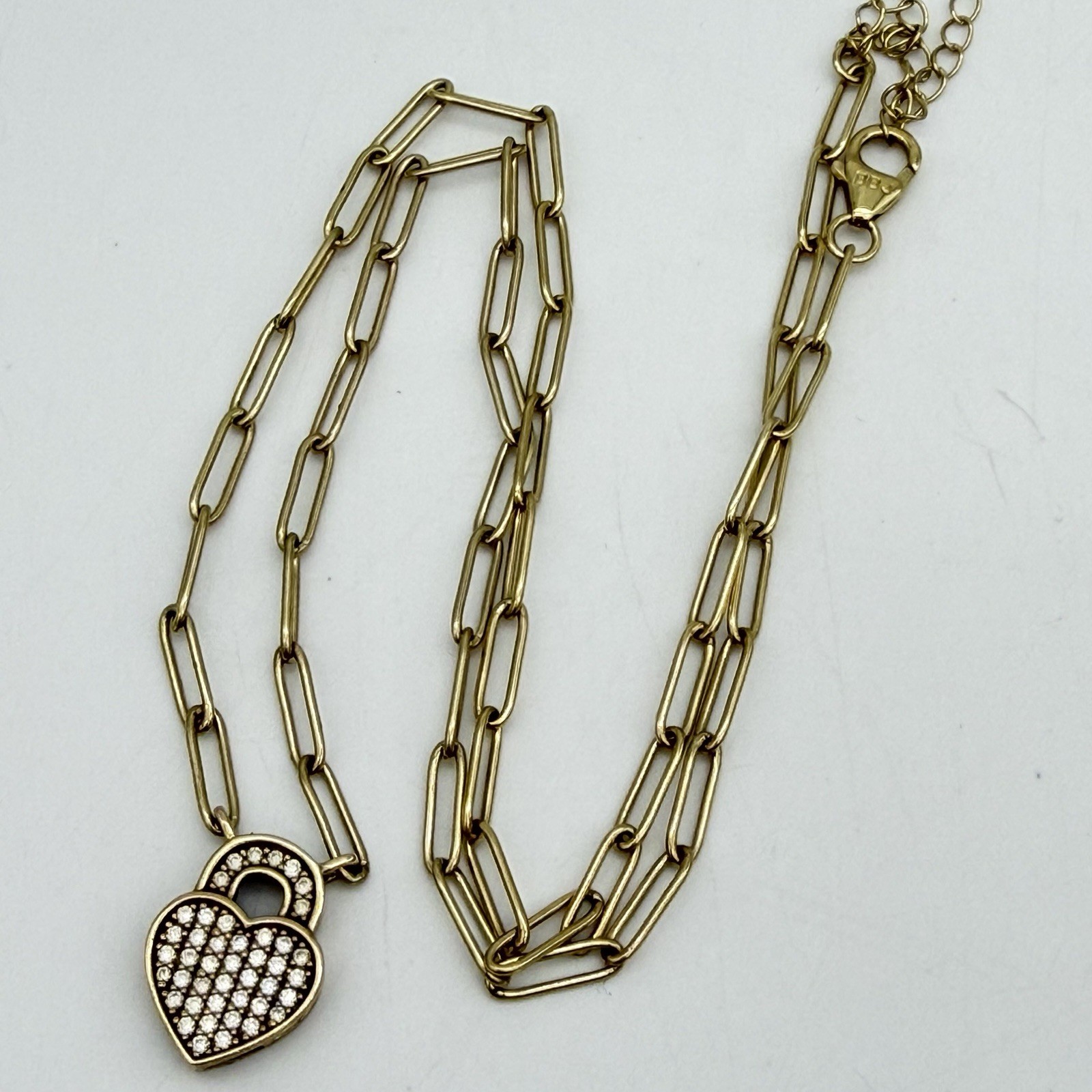 Vtg Sterling Over Gold Pave Diamond Heart Necklace Paper Clip Chain