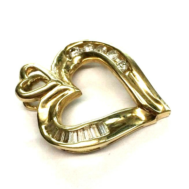 14K Yellow Gold .25 Ct Channel-Set Round & Baguette Diamond Heart Pendant