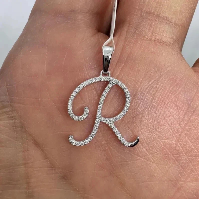 14K White Gold Plated 1.30Ct Round Lab Created Diamond Initial Letter R Pendant