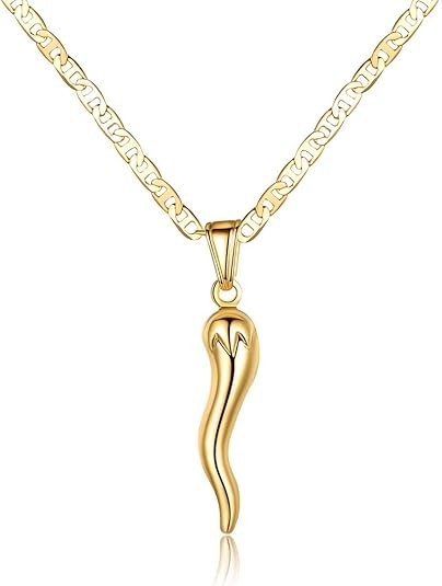 18K Gold Plated Flat Marina Chain with Italian Horn Necklace Cornicello – Made i