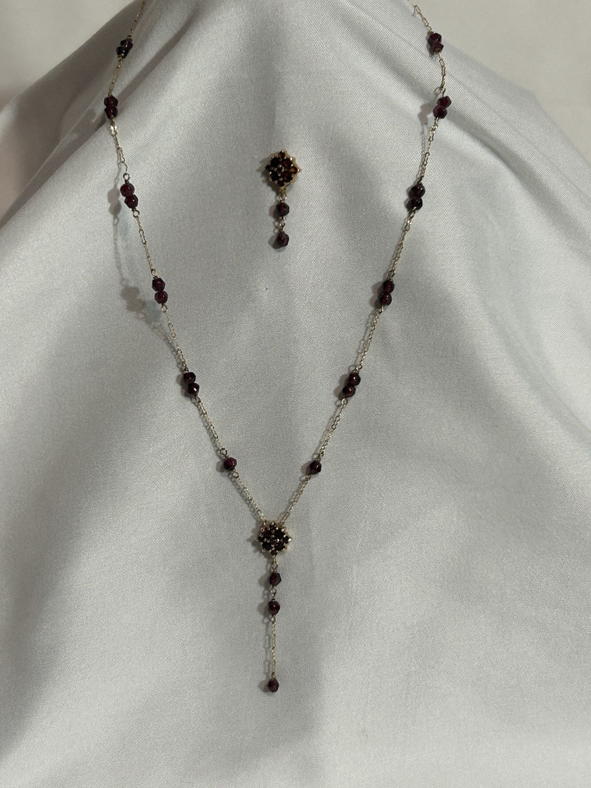 Vintage 10K, Gold Bohemian Garnet Lavalier Y-Necklace Matching Cluster Charm