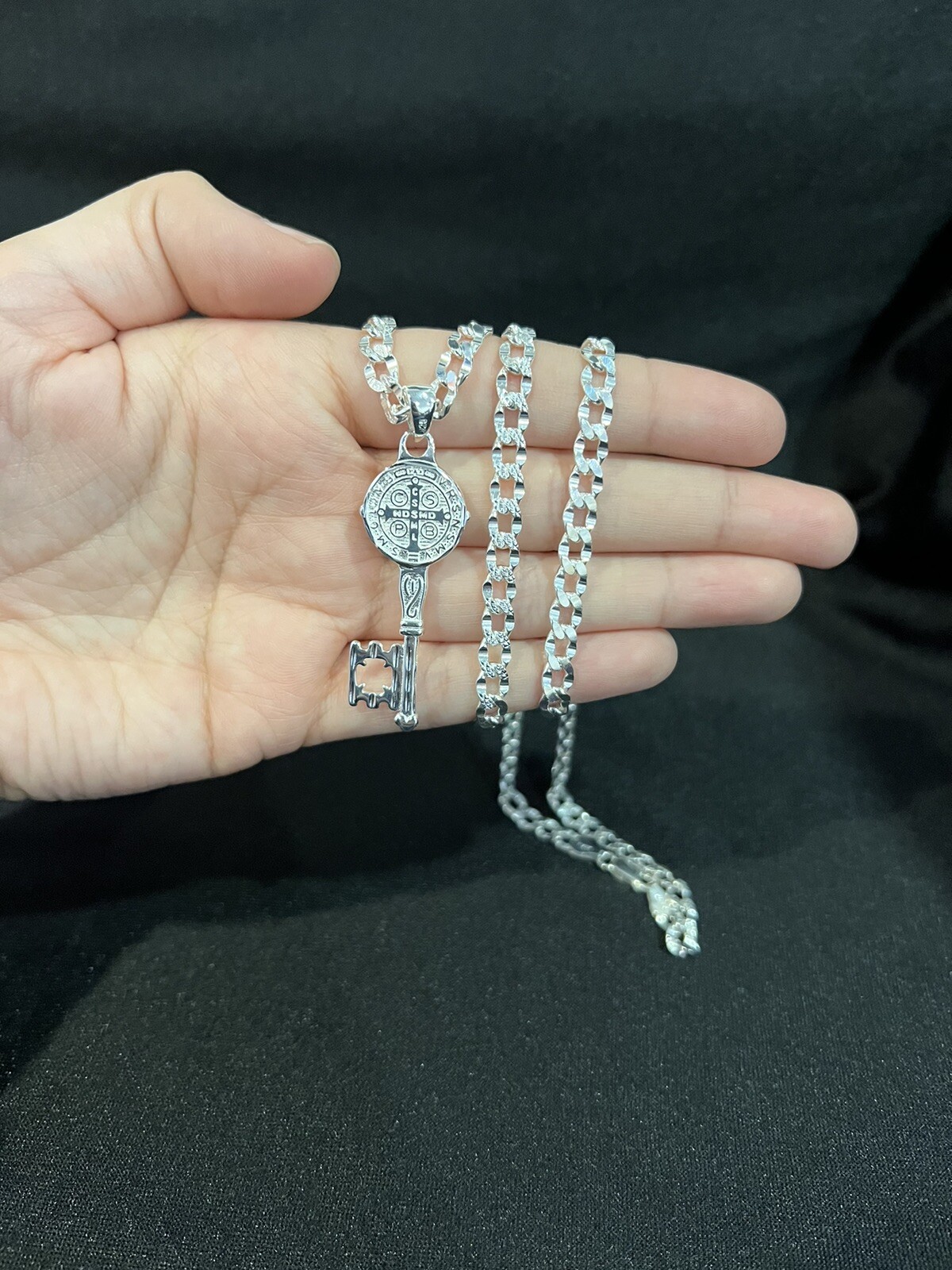925 Sterling Silver St Benedict Key San Benito Llave & Deck Curb Chain 22 26 30