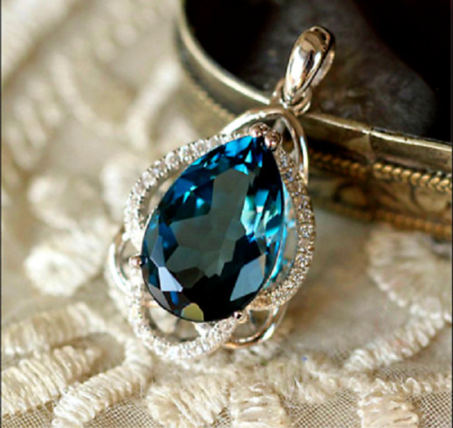 3Ct Pear Cut London Blue Topaz Tea Drop Pendant 14K White Gold Finish Free Chain