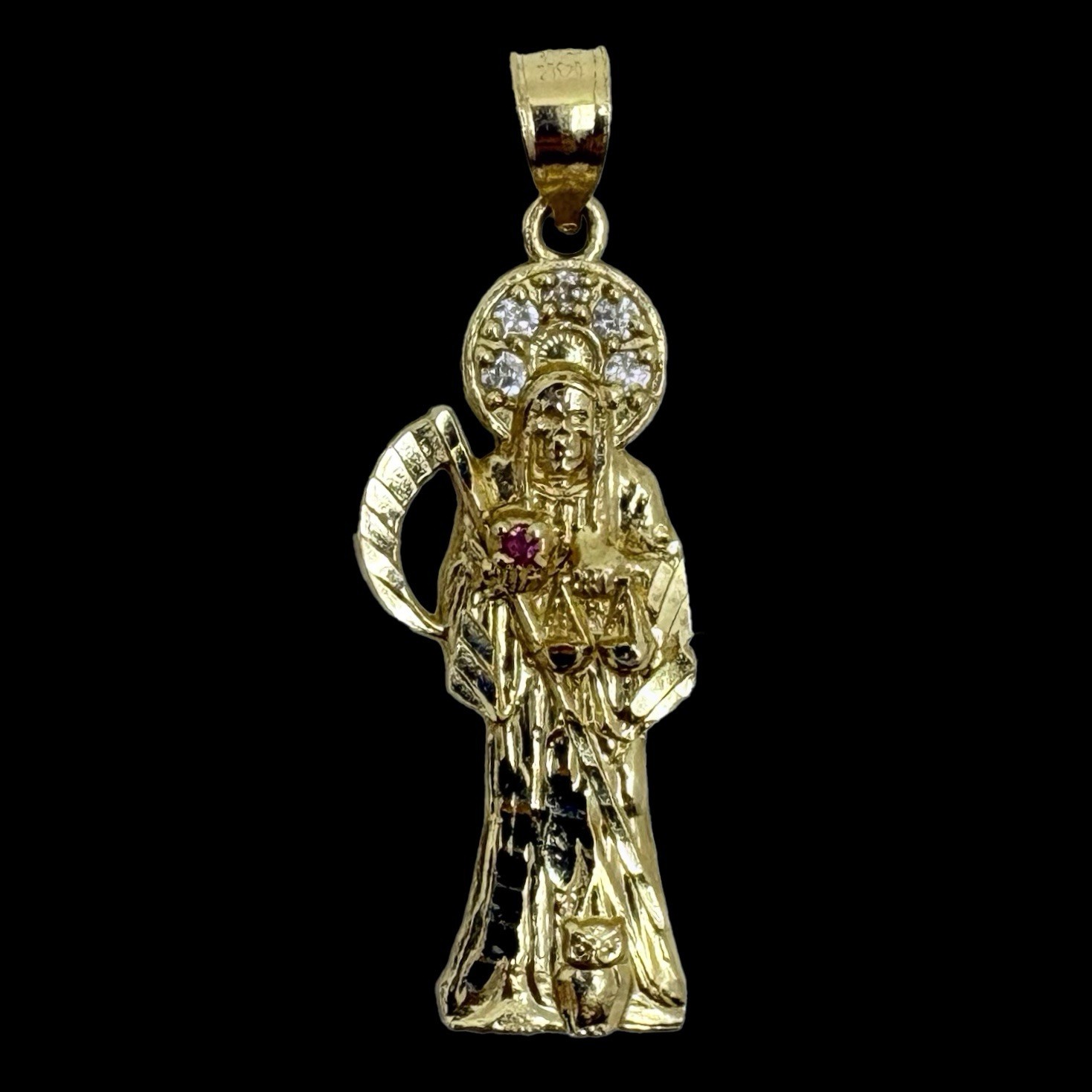 14k Gold Santa Muerte Grim Reaper Pendant Non-Diamond & Red Gemstone