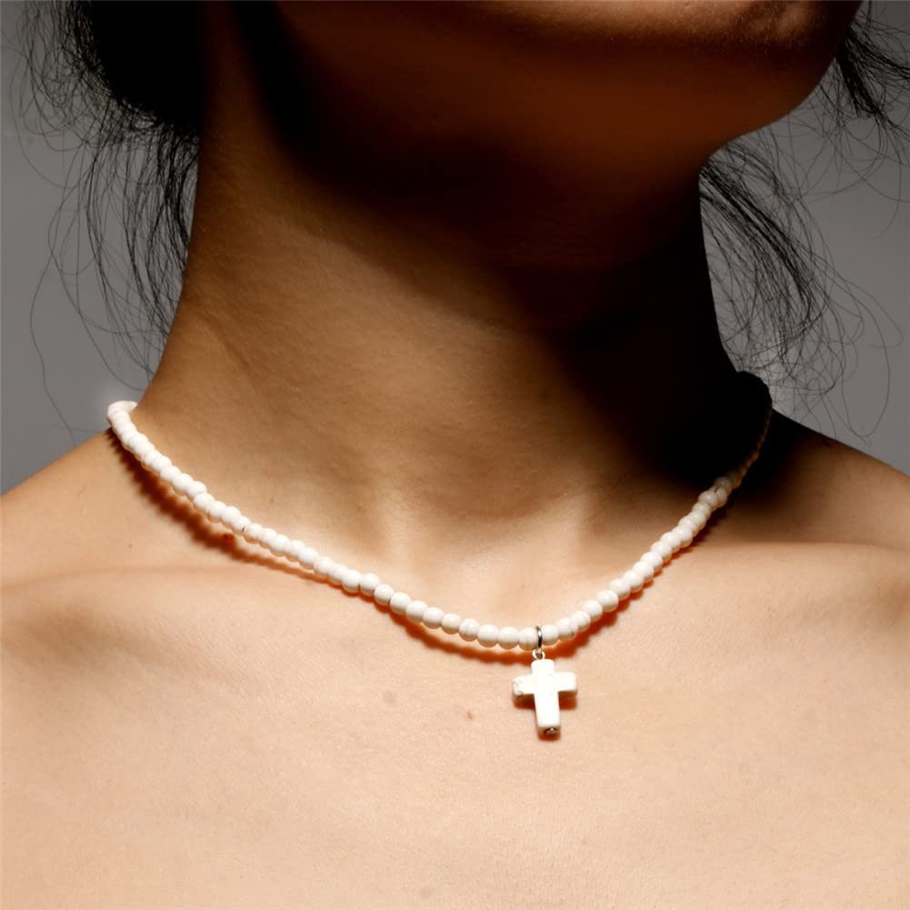 Small Dainty Cross Necklace Pendant Bohemian Turquoise Seed Bead Beaded Necklace