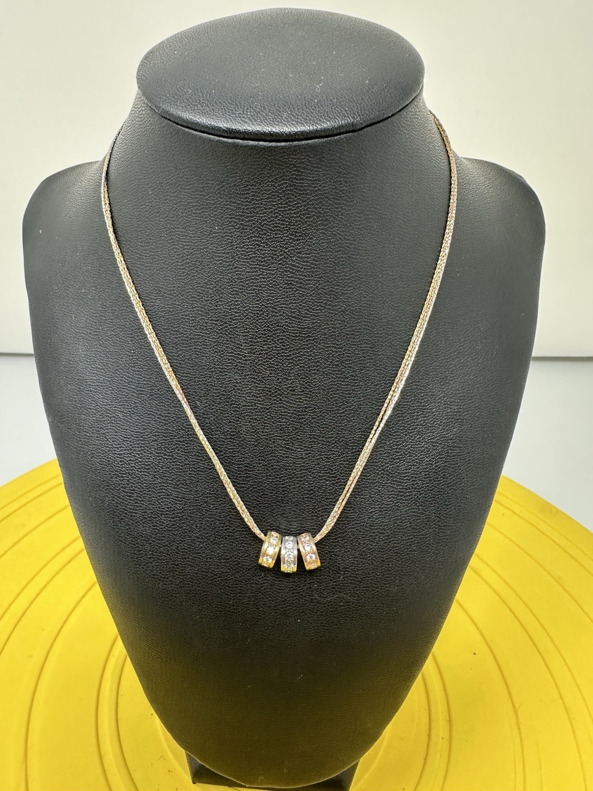 Sterling Silver Gold Rose Italian 3 Stranded CZ Choker Necklace Chic 11g 17 In