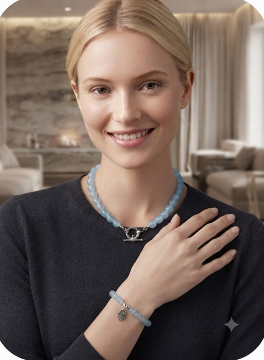 Light Blue Jade Bead Necklace and Bracelet Set Sterling Silver Hamsa Women Gift