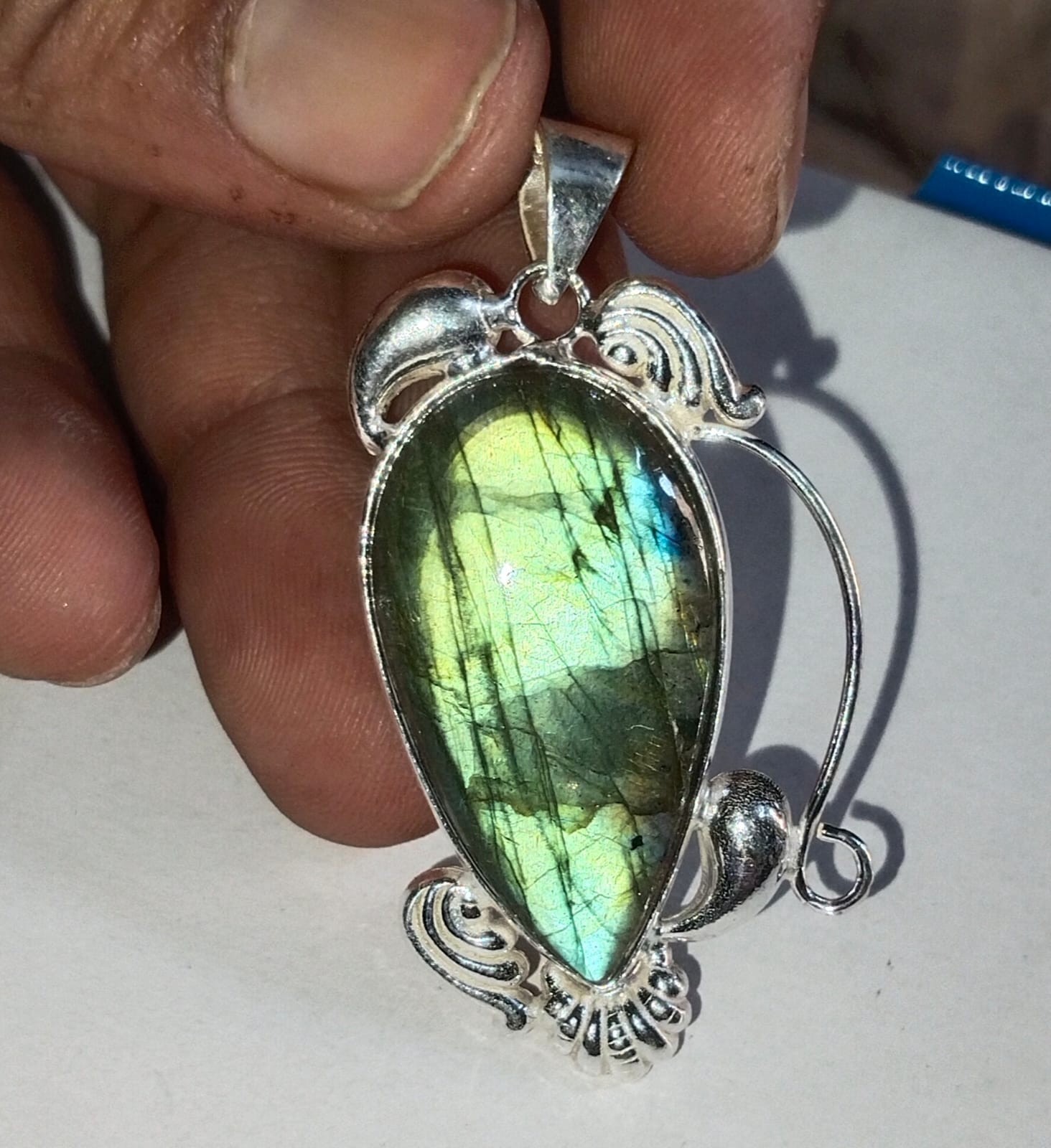 46 Crts Blue Labradorite Finland german Silver Pendant Necklace 18 Opens i