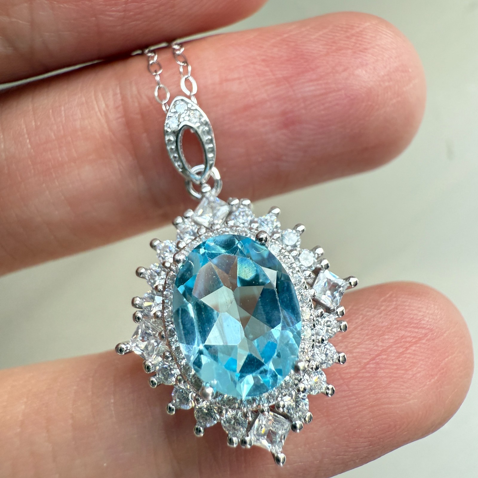 925 Sterling Silver Necklace 9x7mm Natural Topaz Gemstone Zircon Oval Chain Gift