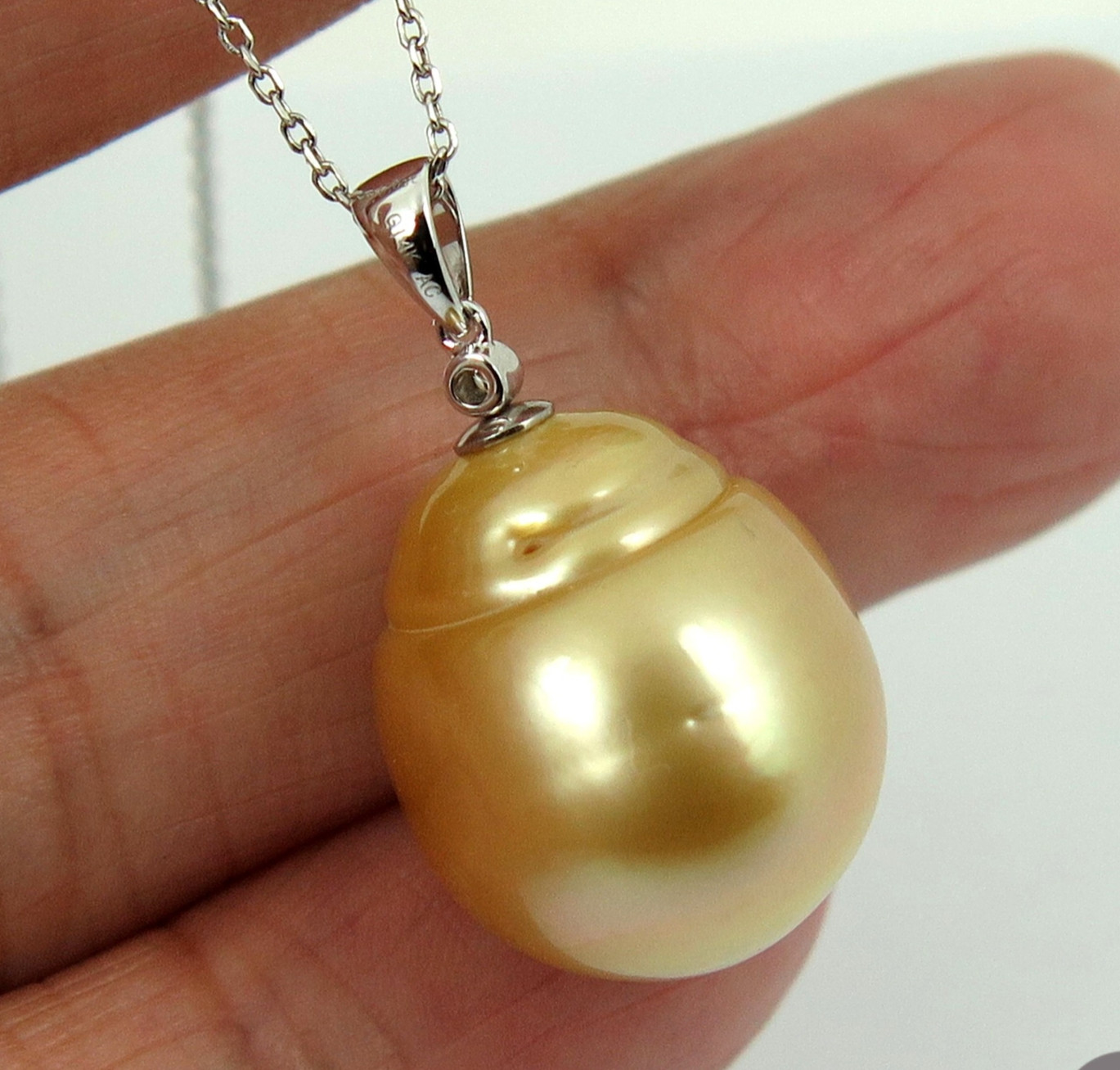 Enormous 15 x 17.8mm Golden South Sea Pearl Pendant, 14K Gold & Diamond #P5413