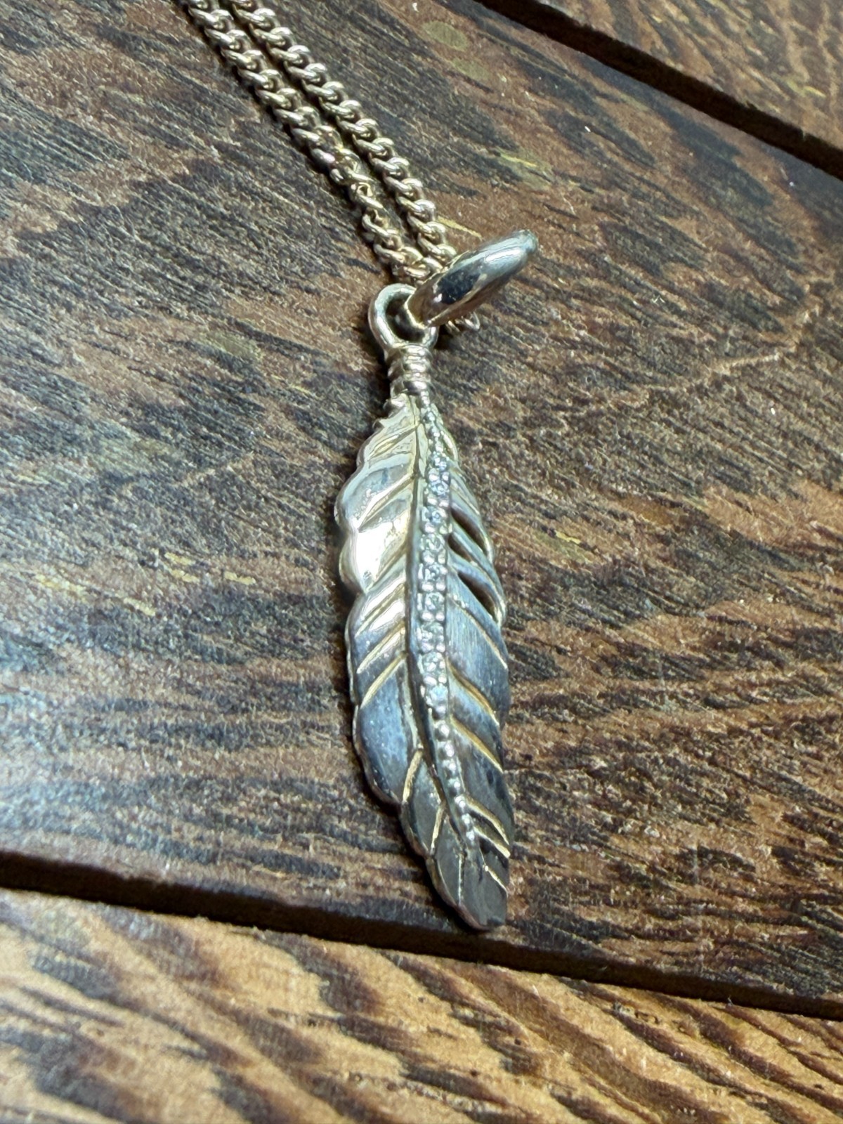 Dainty Gold Plated 925 Sterling Silver Feather Pendant Gemstone 16″ Necklace 3g