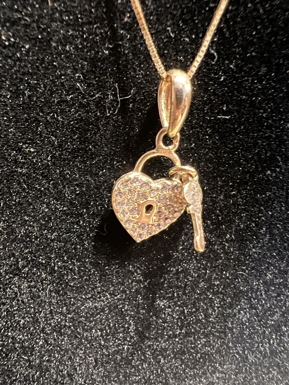 14K Solid Gold Heart Lock & Key CZ Charm Pendant & Box Link ?? Chain Necklace