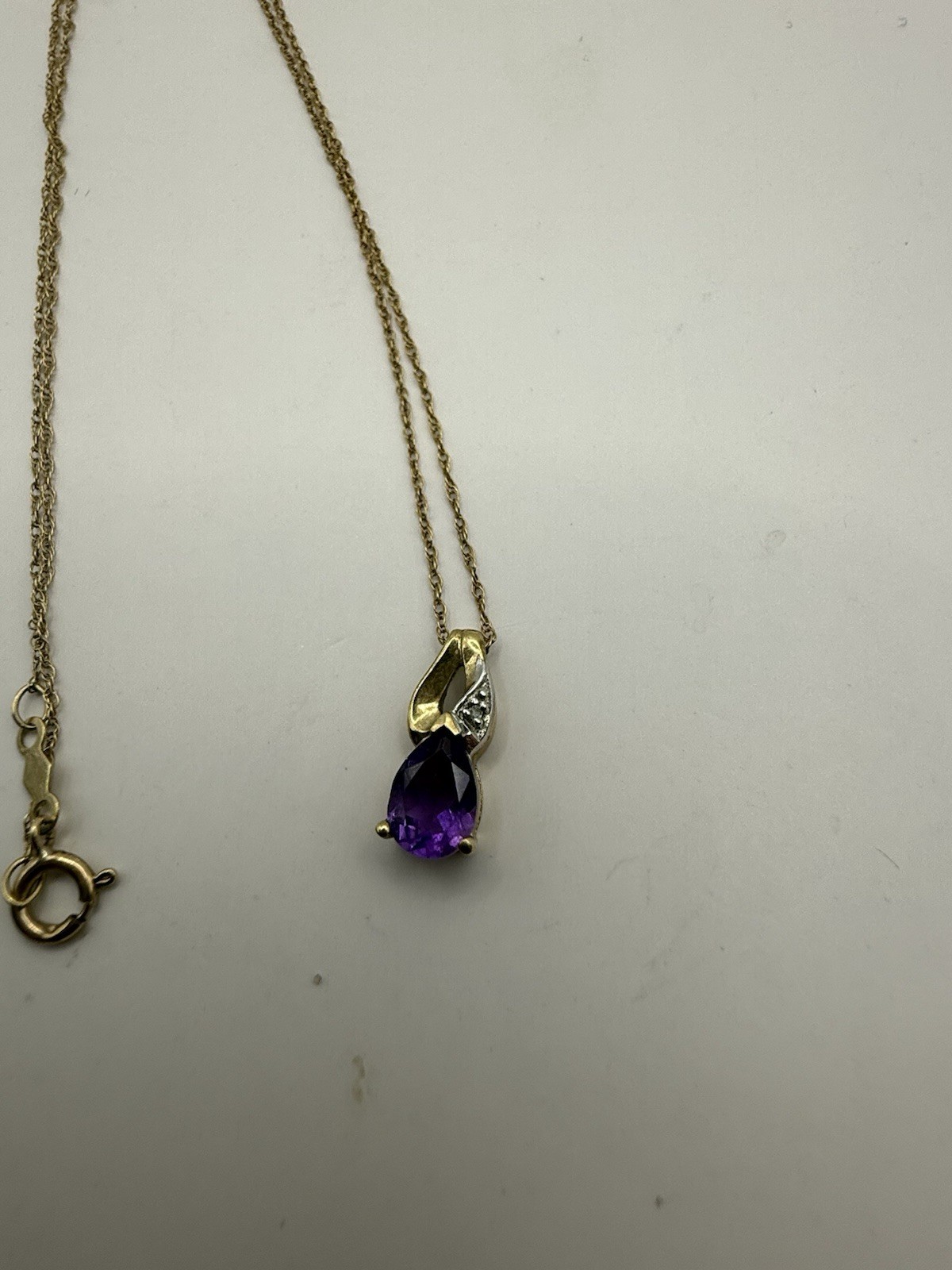 Pendant Amethyst Diamond Pear Shaped Purple 18” Cable Link Chain 10k Yellow Gold