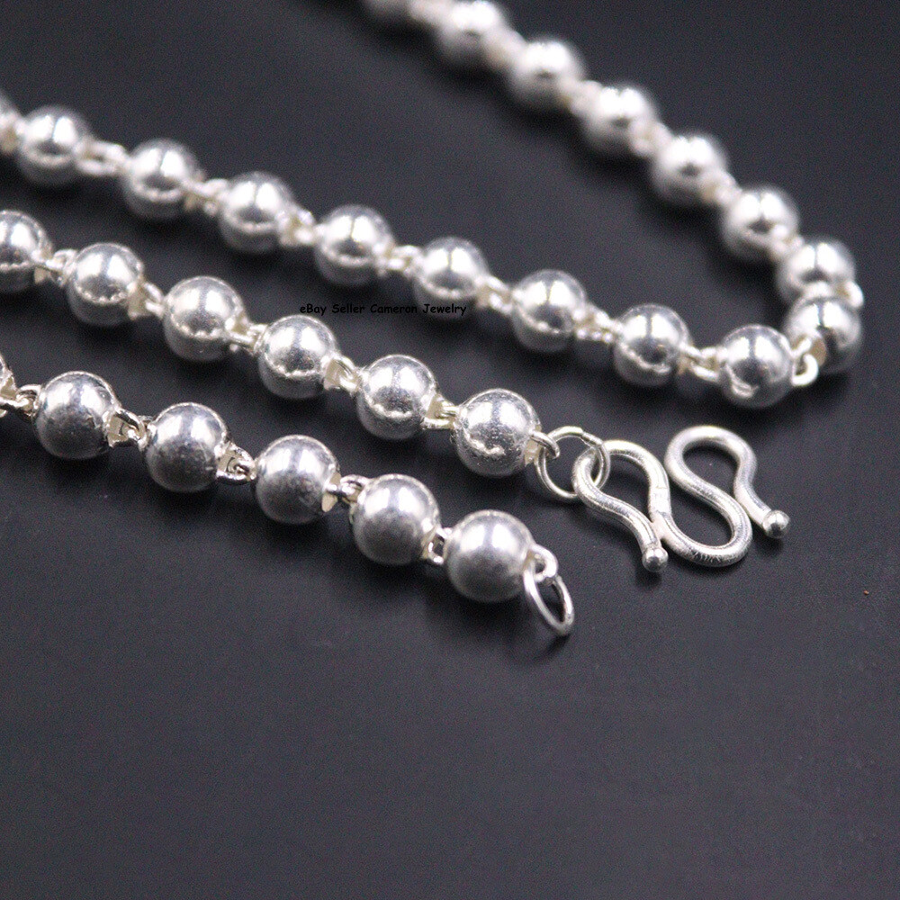 Solid S999 Fine Silver Chain 6mm Glossy Beads Link Necklace28-29g 23.6inch