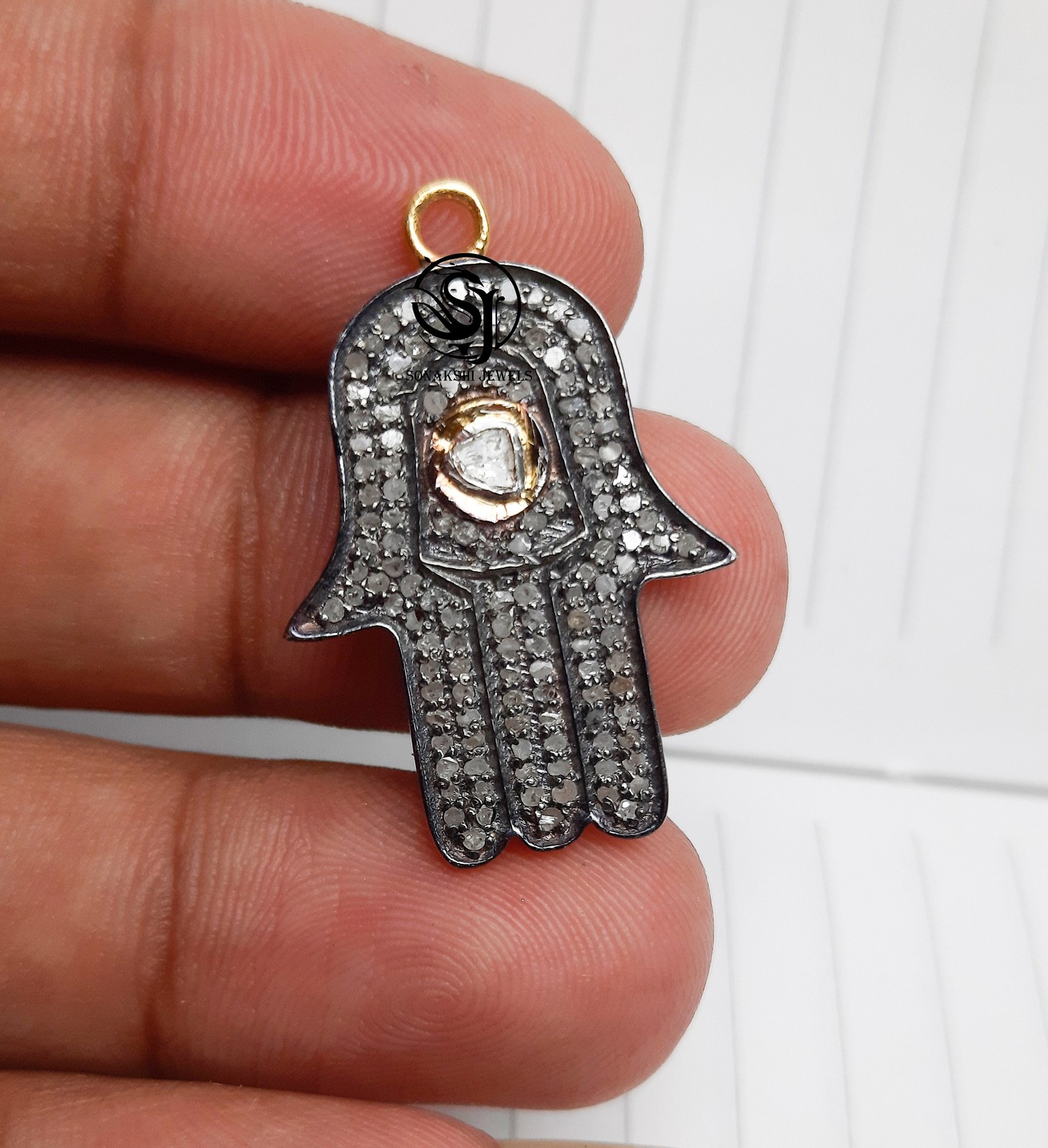 Handmade Sterling Silver Uncut Polki Diamond Hamsa Pendant