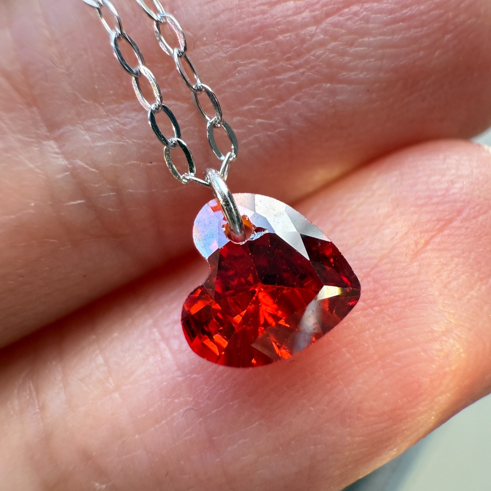 925 Sterling Silver Necklace 6mm Heart Red Natural Zircon Handmade Chain Cute
