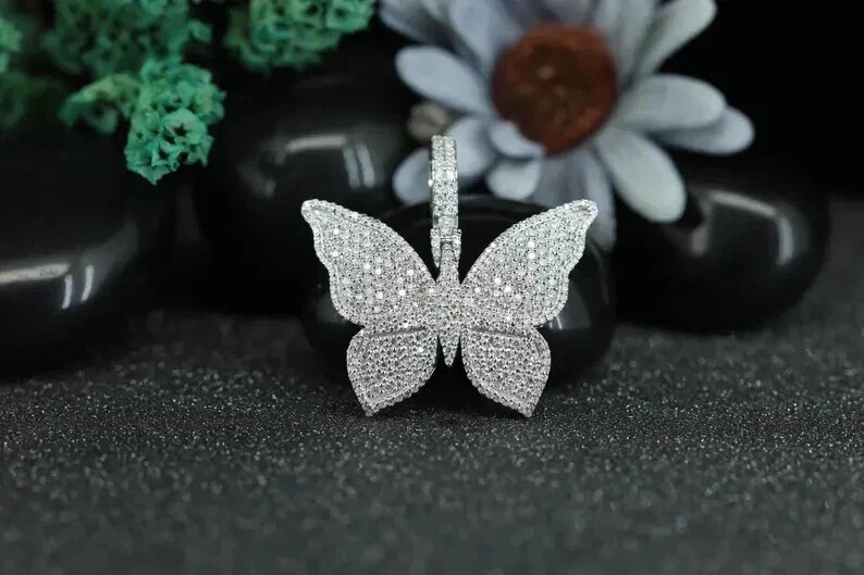 2.00Ctw Real Moissanite Butterfly Pendant Necklaces 14K White Gold Plated Silver
