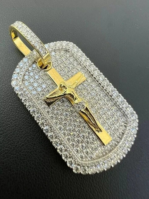 Mens Cross Tag Pendant 2CT Round Lab Created Diamond 14k Yellow Gold Plated