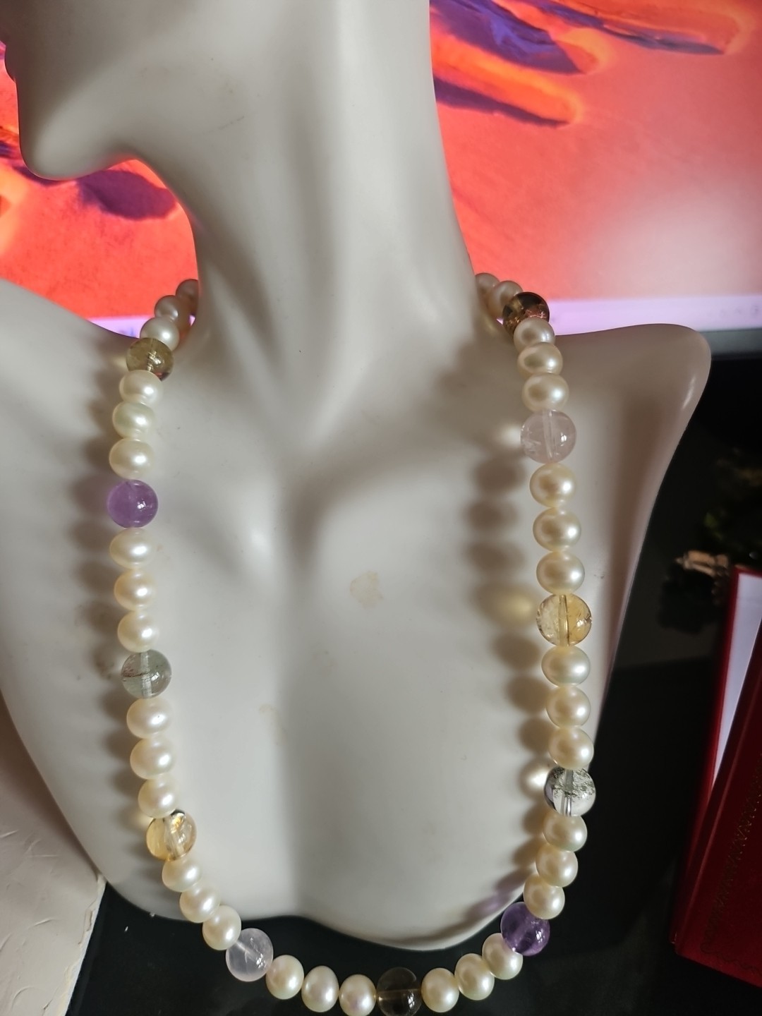 Designer Silver 925 Real Pearl and Genuine Stones Round Bids Necklace 17″ NWOT