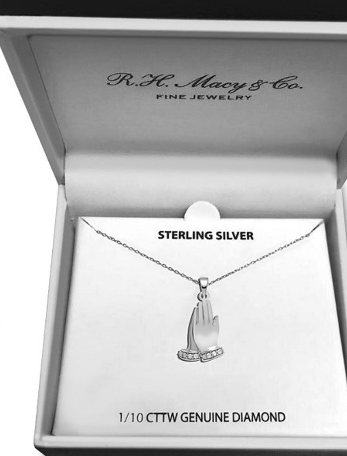 Diamond Praying Hands 18″ Pendant Necklace Sterling Silver 925