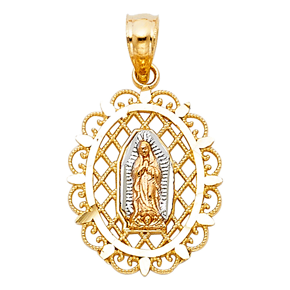 14K Tri Color Gold Religious Lady of Guadalupe Charm Pendant For Necklace Chain