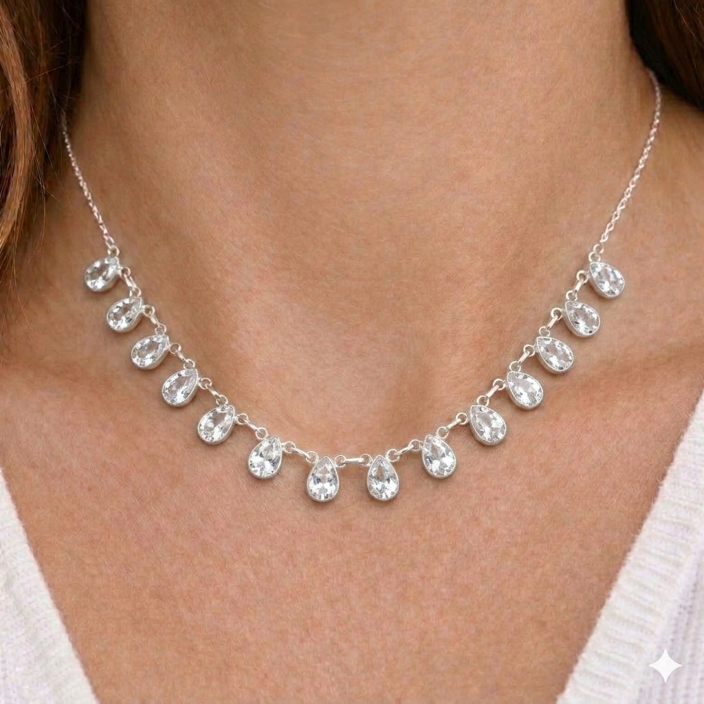 White Topaz Gemstone Handmade 925 Sterling Silver Jewelry Necklace Size-18