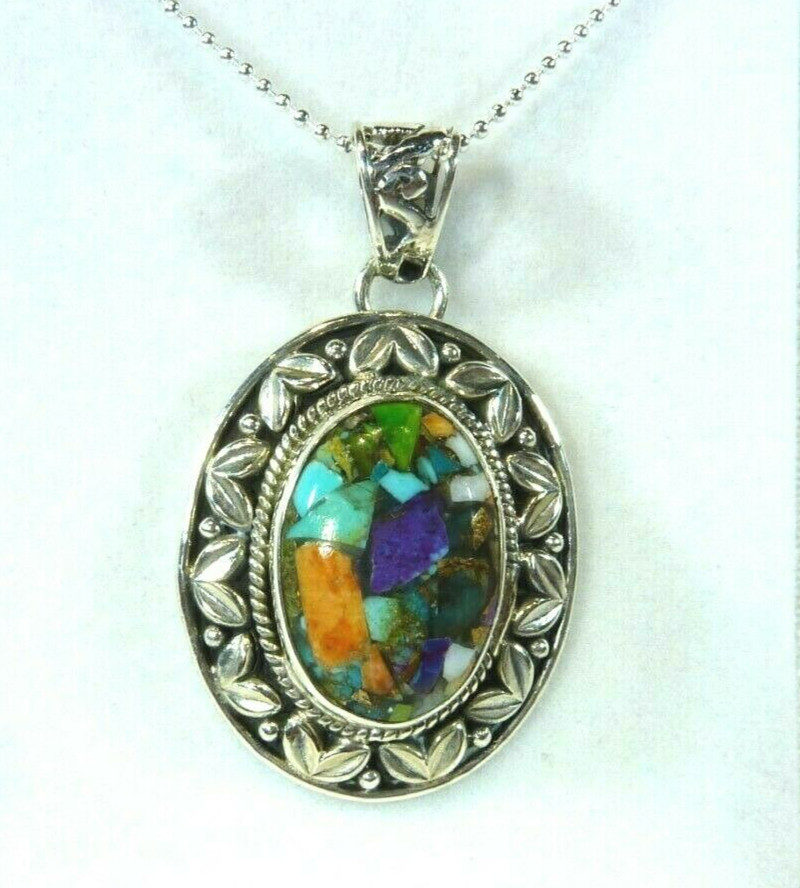 Multicolour Copper Turquoise Solid Sterling Silver Oval Shape Pendant & Chain
