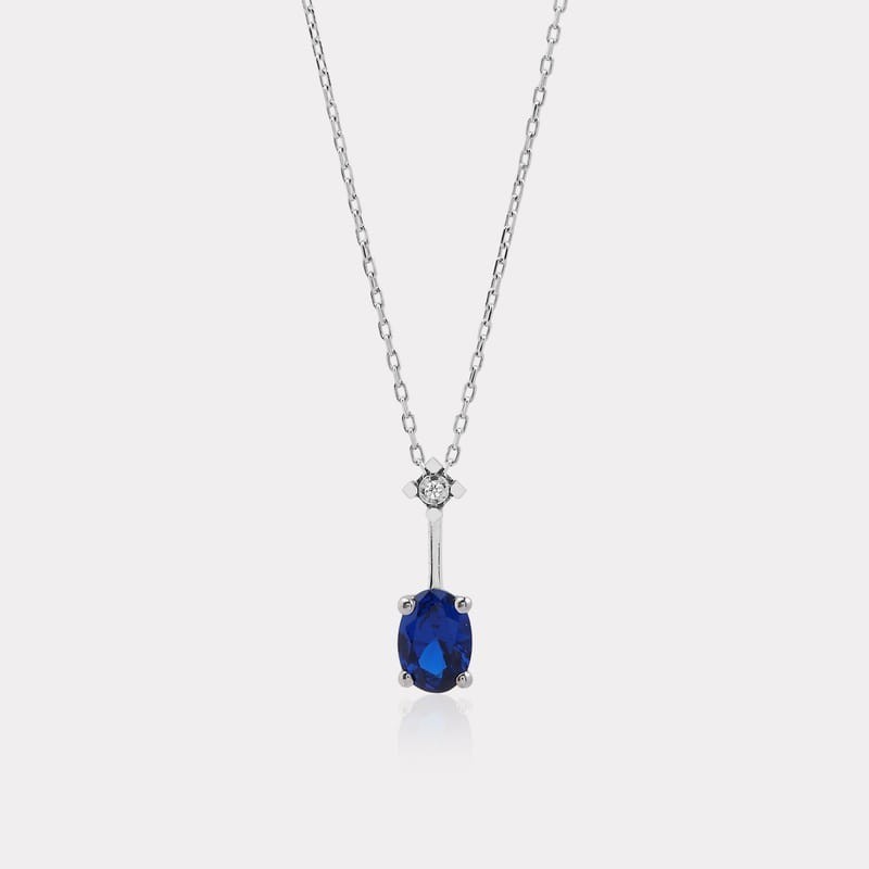 Real 0.01ct Diamond & 0.75ct Sapphire Oval Pendant Necklace 8K White Gold Gift