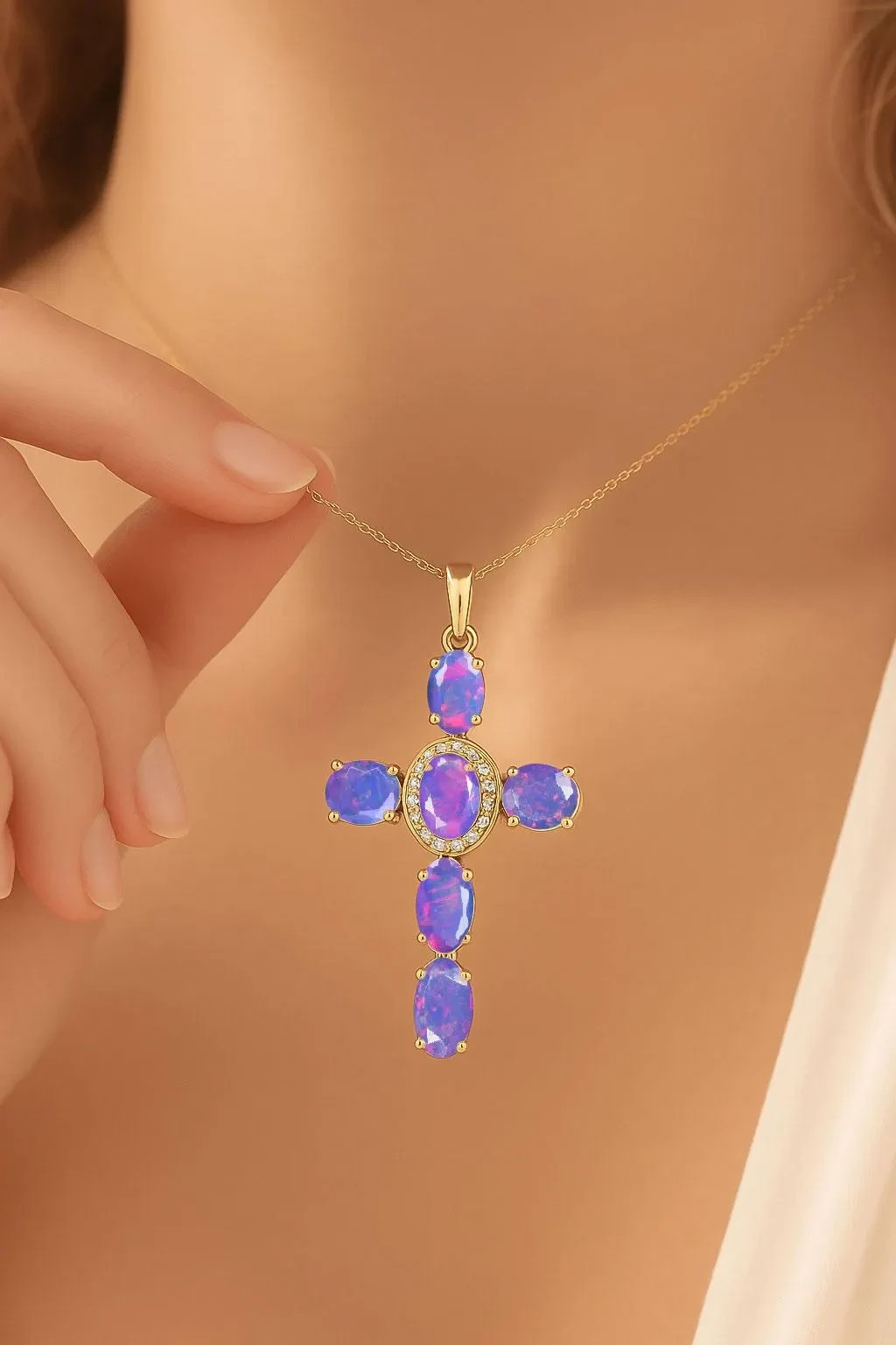Lavender Opal Gemstone Gold Cross Pendant, AAA Opal Gold Chain Pendant Necklace
