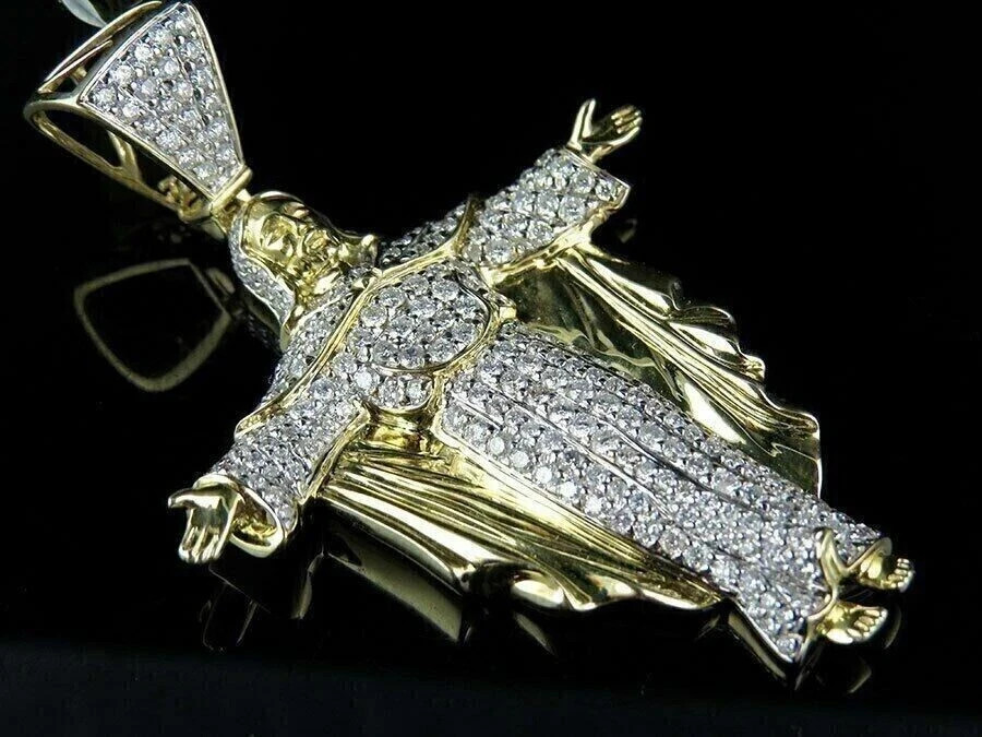 Real Moissanite Men’s 2Ct Round Cut Jesus Charm Pendant 14k Yellow Gold Plated