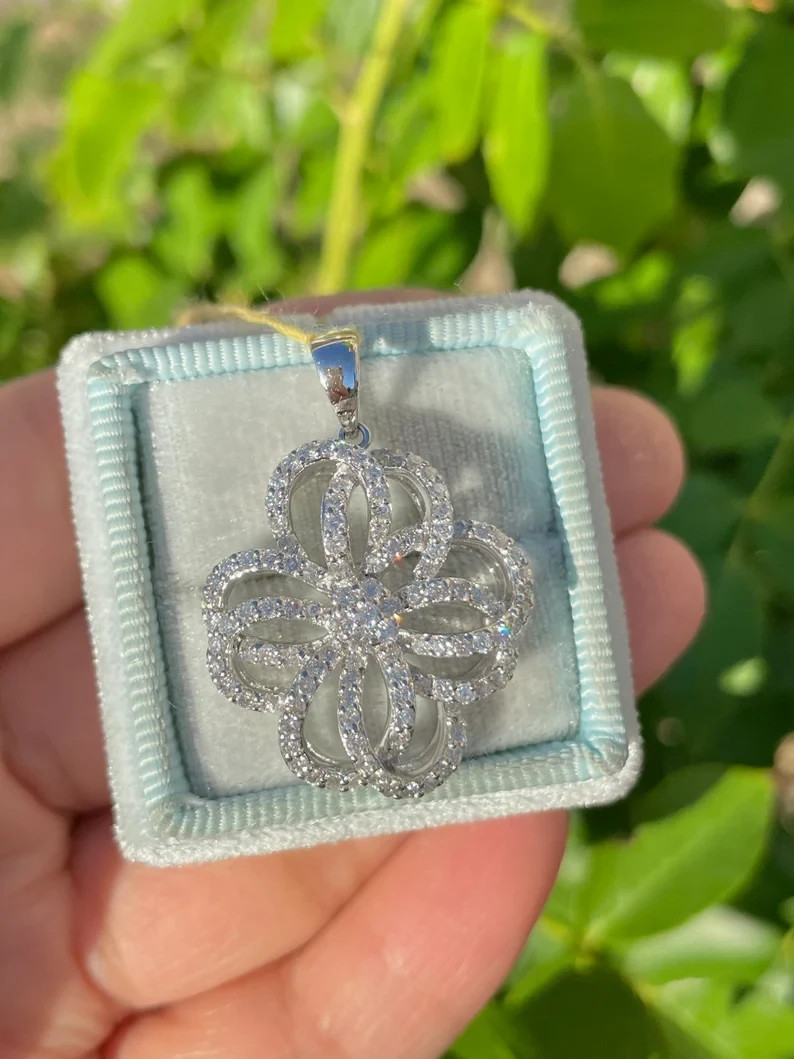 1.70Ct Round Cut Real Moissanite Flower Pendant 14K White Gold Plated Free Chain