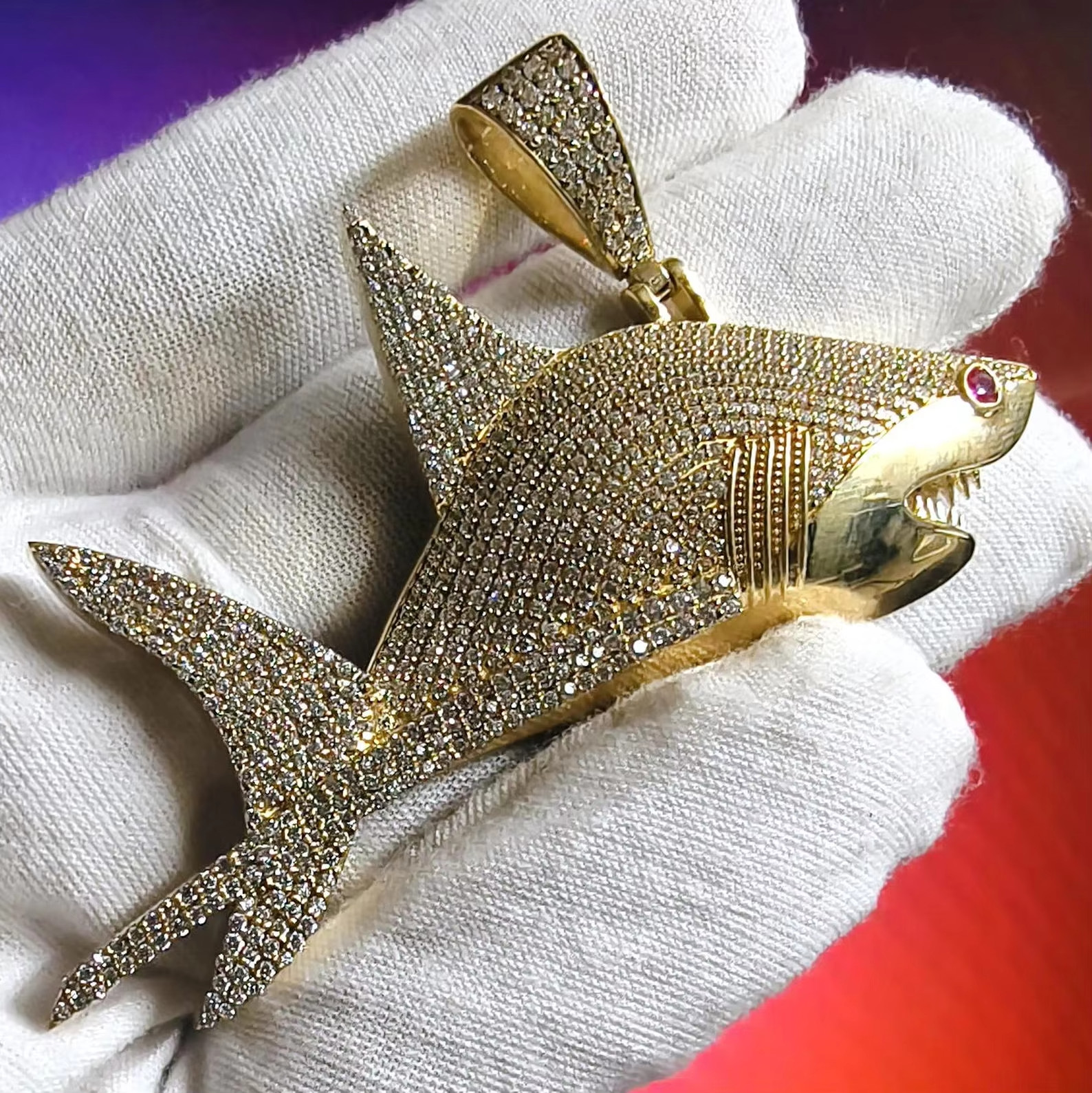 3.50Ct Round Cut Moissanite Shark Gifts for Him Pendant 14K Yellow Gold Plated