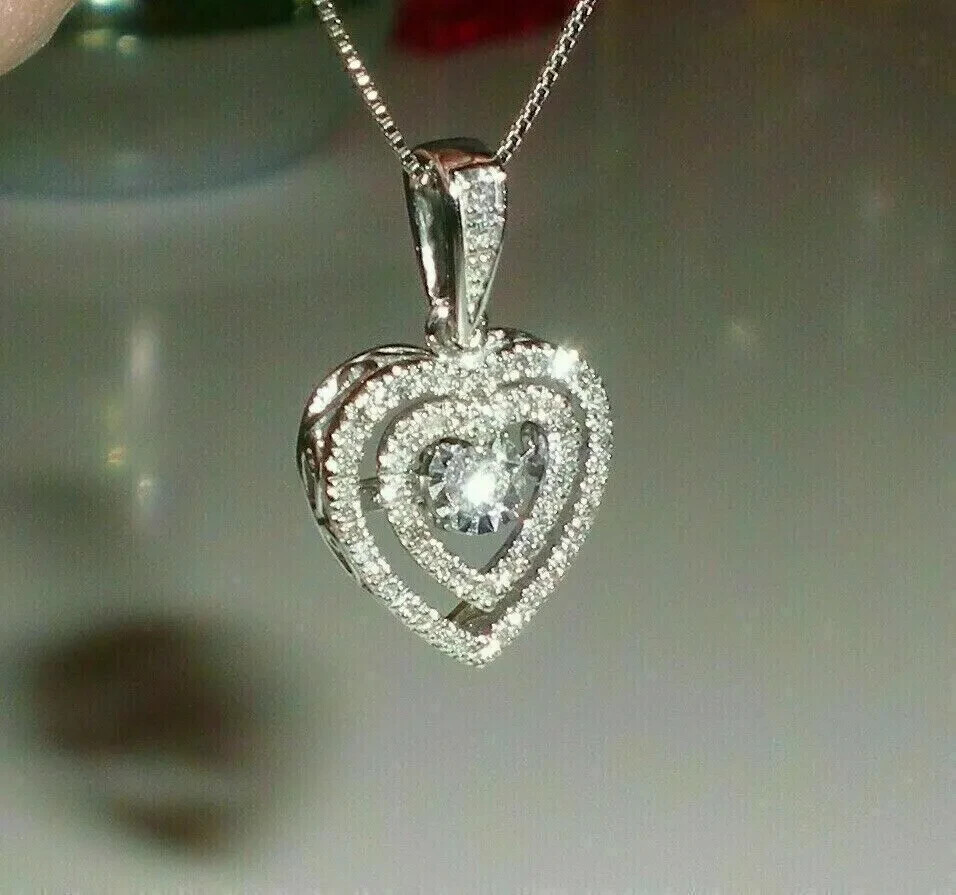 2Ct Round Created Diamond Heart Pendant With Free Chain 14K White Gold Plated