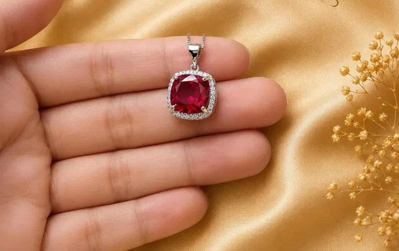 3.10TCW Cushion Cut Lab Created Ruby Halo Charm Pendant 14k White Gold Plated