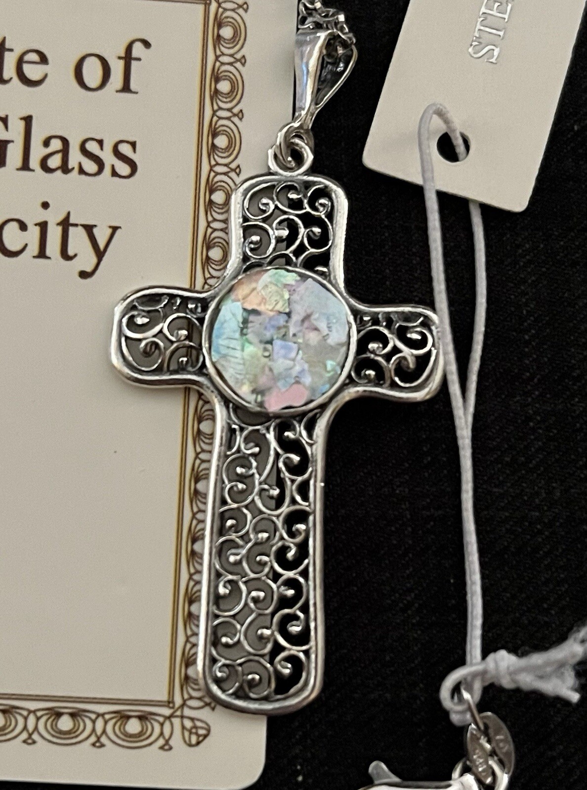 NWT Or Paz Sterling Silver 925 Roman Glass Cross Pendant 18″ Chain Israel PZ